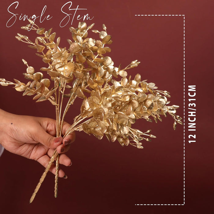 Golden Eucalyptus Leaves Stem, Fake Faux Shrubs PVC, UV Resistant for Home  31 cm