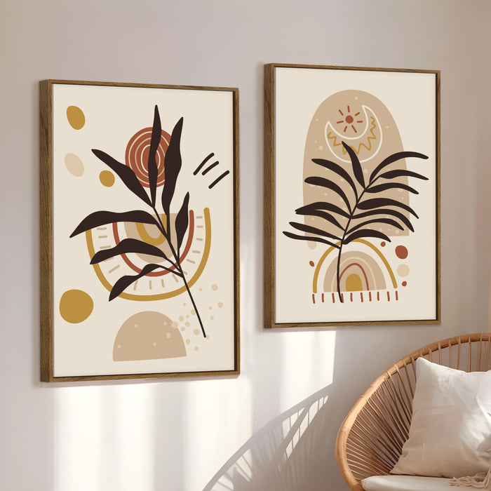 Boho Leaf Flower Moon and Sun Canvas Wall Painting Bohemian Large Wall Art Painting for Living Room Decoration, Stylish Large Wall Art Print for Wall Decor (Set of 2, 58x89 cm)