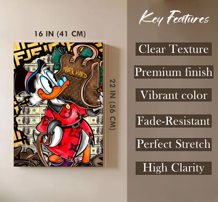 Luxury Cartoon Duck Money Pop Art Stretched Canvas Painting Print | Work Hard Success Theme Graffiti Wall Art | Modern Street Style Artwork for Home & Office, 41x56 cm