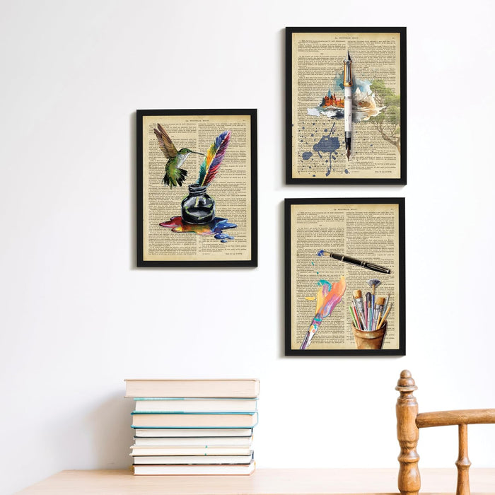 Art Street Dictionary Art Prints Textured Humming Bird concept With Architectural Theme, Framed Posters for Home Décor & Wall Decoration for Living Room (Set of 3,12.6 X 9.2 Inch)