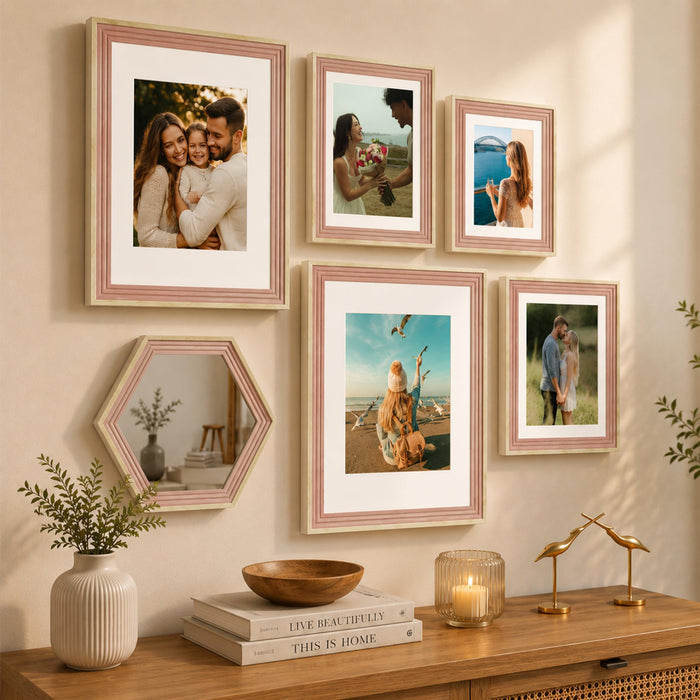Art Street Pink Gallery Wall Photo Frame Set with Hexagon Mirror | Modern Collage Timeline Wall Decor for Living Room, Bedroom & Family Memories | Multi Size Frame Set