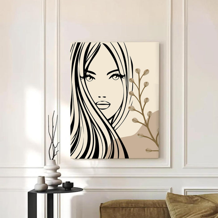 PAINTINGMANTRA Abstract Female face Stretched Canvas Wall Art Modern Boho Illustration Painting for Home & Office Wall Decor, (16x22 Inch)