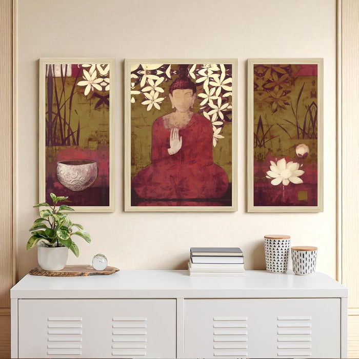 Buddha Floral Abstract Framed Wall Art Painting Home Décor Pack Of 3 | Digital Scenery Painting with Frame, Office Set Of 3, 22x46 cm, 33x44 cm