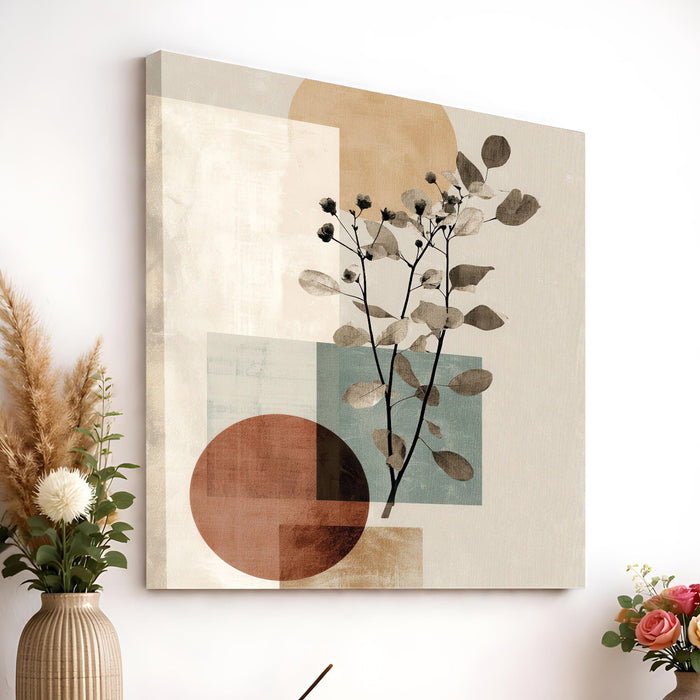 Boho Botanical Stretched Canvas Painting For Living Room | Abstract Nature Wall Art Large Canvas Painting For Livingroom Home Decor, Bedroom, Hallway's, Office, Hotel - 86x86 cm
