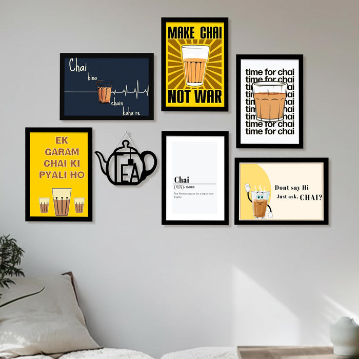 Chai TEA Retro Theme Kitchen & Cafe Framed Wall Art Painting Food Kitchen Quotes Painting With Frame Wall Decor for Home, Restaurant, Café, Set of 7 (1 MDF wall Hanging) 9x13 Inch