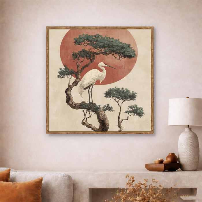 Japanese Crane Sun Framed Painting For Living Room | Vastu Crane Large Canvas Painting With Frame Wall Art For Bedroom, Hallway's, Office, Hotel, Size 58x58 cm