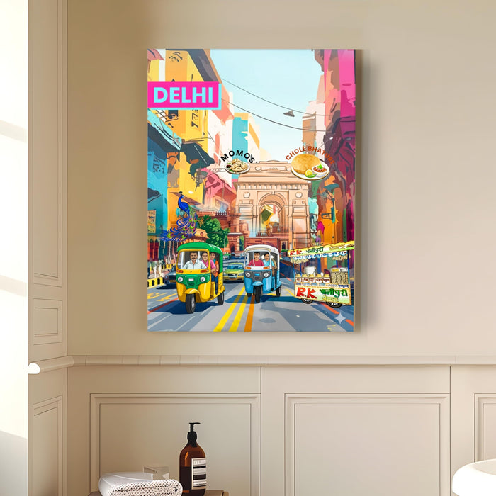 Delhi Landmarks Collage Mixed Media Canvas Wall Painting | Travel pop art Canvas Wall Painting For Home and Office Wall Décor (41x56 cm)