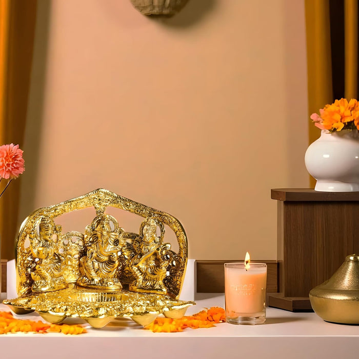 Lakshmi Ganesh Saraswati Metal Idols with 5 Diya Oil Lamp Base Traditional Brass Finished Metal Idol Set, Diwali Decoration, Temple, Brass Finished 24x14 cm
