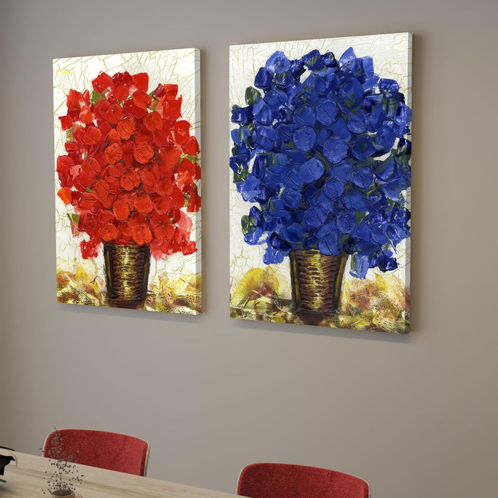 Art Street Stretched Canvas Painting Red & Blue Floral Print For Living Room Decoration (Set of 2, Size: 16x22 Inch)