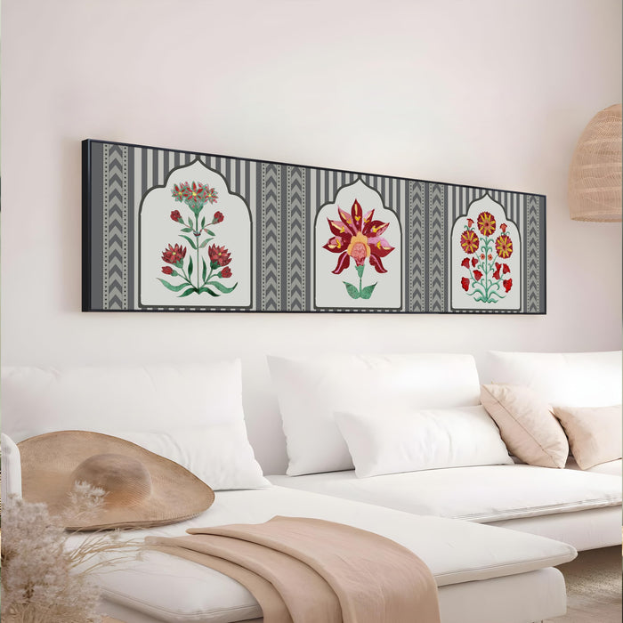 Large Canvas Painting Panel Framed Wall Art Print Traditional Indian Lotus Motif Framed Luxury Paintings for Home Decoration (Red, 13x47 Inch)