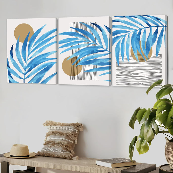 Art Street Stretched On Frame Canvas Painting Three Amber Tropical Blue Art For Living Room, Decorative Home & Wall Décor Abstract Art (Set Of 3, Size: 16x22 Inch)