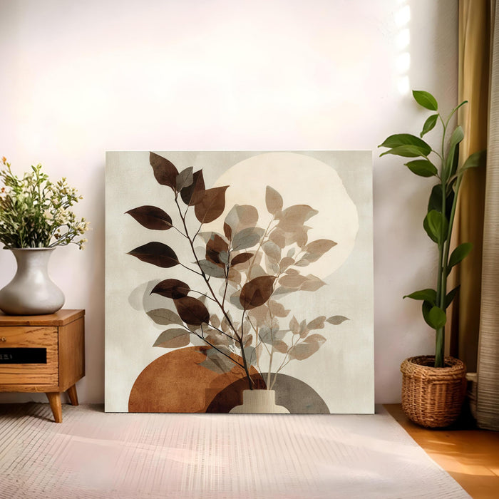Abstract Botanical Leaf Stretched Canvas Wall Art Painting For Living Room, Modern Minimalist Earth Tone Painting, Boho Japandi Home Decor for Living Room, Bedroom & Office (56xx56 cm)