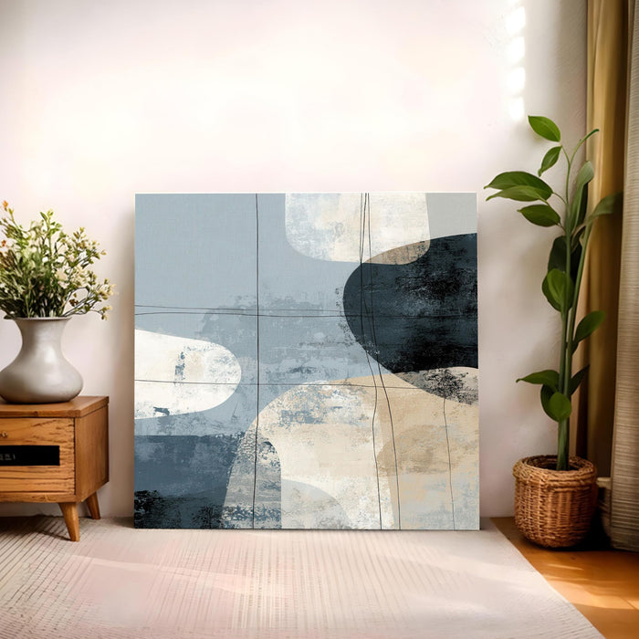 Modern Abstract Stretched Canvas Wall Art Painting For Living Room, Minimalist Navy Blue, Geometric Shapes Painting, Large Neutral Home Decor for Living Room & Office (56xx56 cm)
