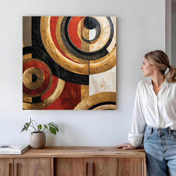 Gold & Red Abstract Geometric Stretched Canvas Wall Art Painting For Living Room, Textured Metallic Circles Painting, Modern Home Decor for Living Room, Office & Hallway (56xx56 cm)
