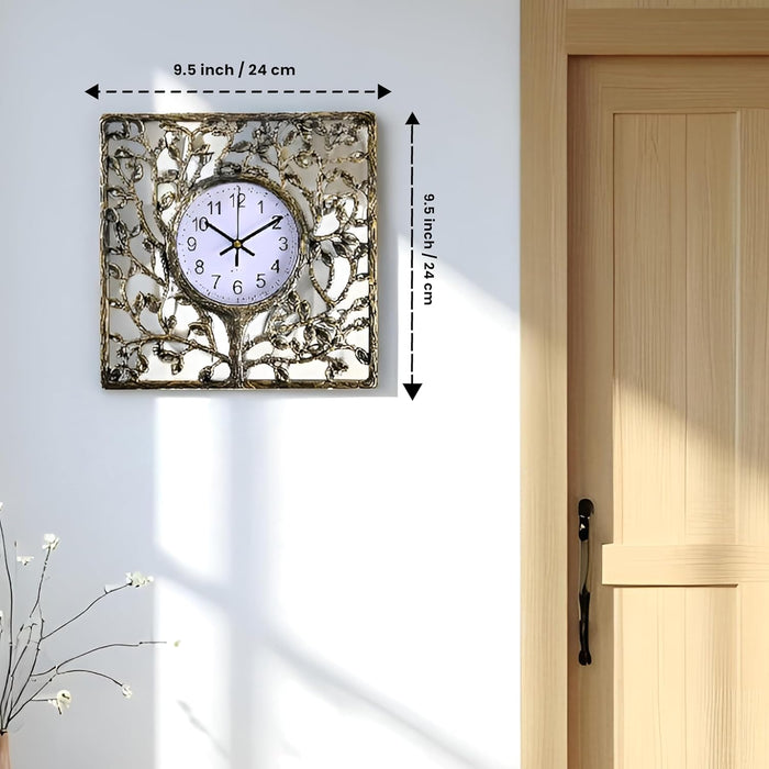 Bronze Vintage Tree Wall Clock Square Antique Design, Nature-Inspired Tree Motif Frame, Rust-Free, Lightweight Durable Plastic, Wall & Shelf Mountable  24x24 cm