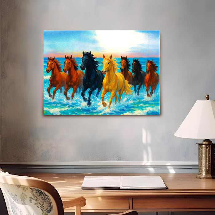Seven Running Horses Wall Art Vastu Feng Shui Multicolor | Canvas Painting Stretched on Wood | Suits For Vastu-Friendly Place (16x22 Inch)