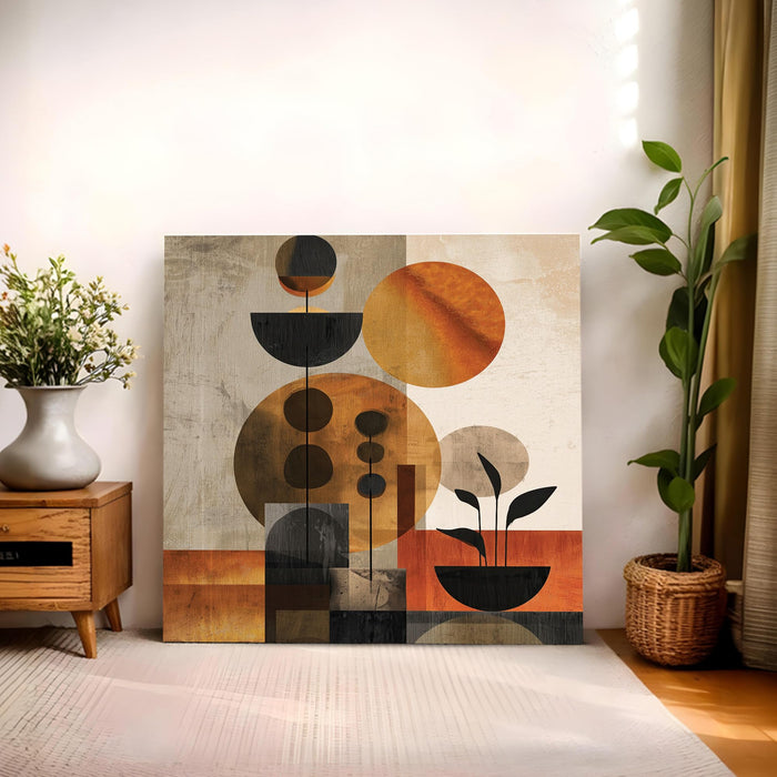 Abstract Sphered Leaf Stretched Canvas Wall Art Painting For Living Room, Modern Minimalist Geometric Painting, Earthy Orange & Brown Botanical Home Decor for Living Room & Office (56xx56 cm)