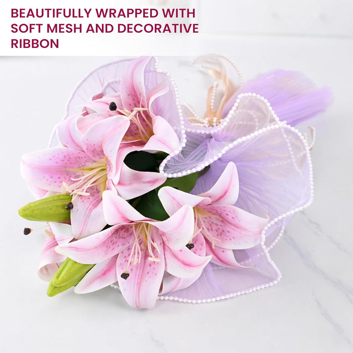 Art Street Artificial Pink Lily Flower Bouquet with Decorative Wrapping