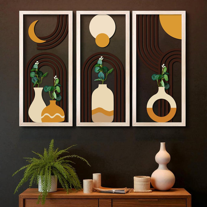 MDF Boho Wall Hanging Rectangular Vase Frame with Artificial Plant Leaf Pack of 3 Wooden Wall Decor 23x48 cm