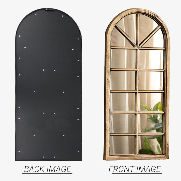 Bronze Arched Windowpane Wall Mirror Full Length Semicircular Grid Design, Rustic Wood Finish, Vintage Window Frame Style  32x76 cm