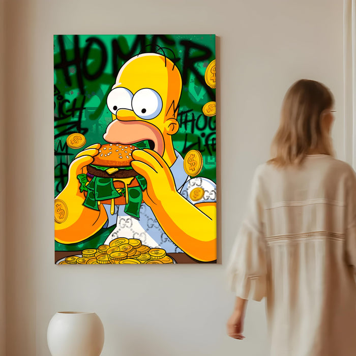 Funny Money Burger Pop Art Stretched Canvas Painting Print| Cartoon Style Graffiti Wall Art | Modern Humorous Artwork for Home, Café & Office Décor, 56x86 cm