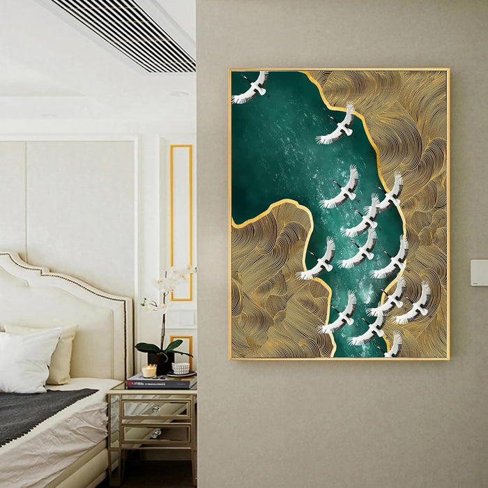 Canvas Painting Fish Swim in the marble Green & Black ribbon Framed Decorative Wall Art For Living Room (Size:23x35 Inch)