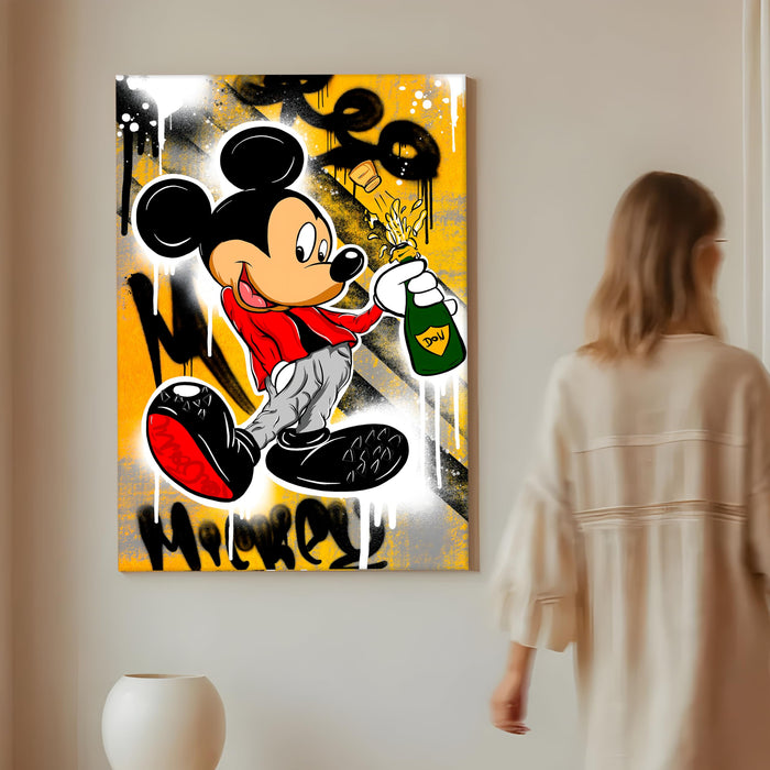 Cartoon Mouse Champagne Stretched Canvas Painting Print| Graffiti Style Pop Art Wall Décor | Modern Street Art Canvas for Home & Office, 56x86 cm