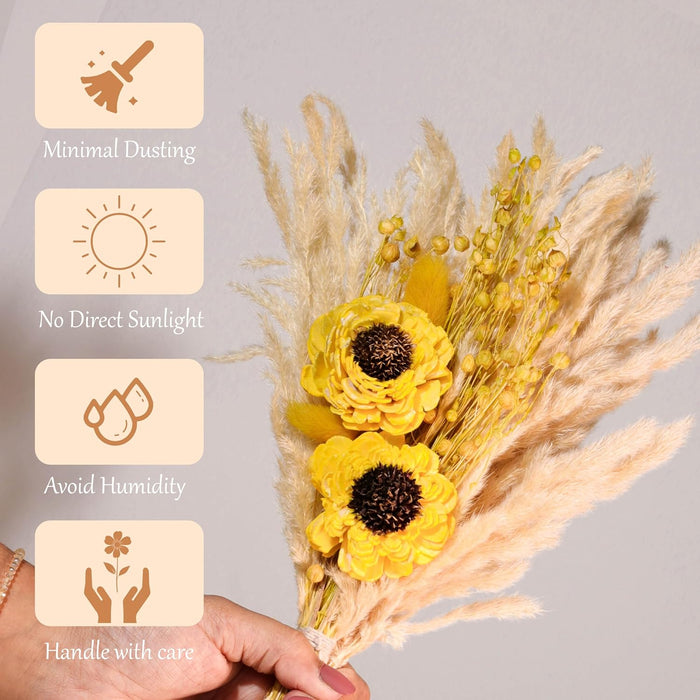 Dried Pampas Grass and Yellow Artificial Sunflower Bouquet Boho Dried Flower Arrangement, Natural Dry Floral Bouquet 30 cm