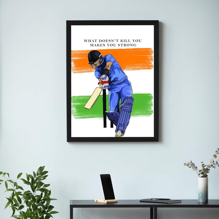 Art Street Cricket Player with Quotes Sports Framed Wall Hanging Poster For Home Decor, Living Room, Hotel and Office Decoration (12.7x17.5 Inch)
