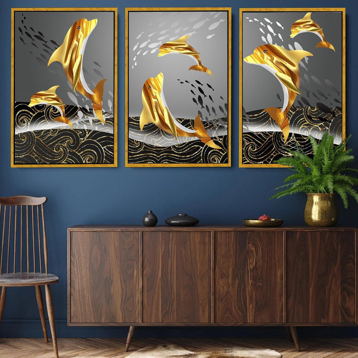 Nordic Abstract Golden Canvas Painting For Home Decor, Geometric Industrial Style Framed Art Prints (17x23 Inch, Set of 3)