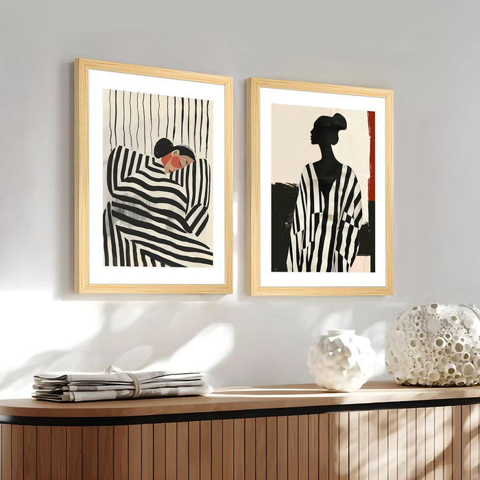 Modern Art Boho Woman in Stripes Abstract, Set of 2 (Black, 13x18 Inch), Wall Paintings