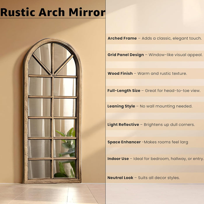 Bronze Arched Windowpane Wall Mirror Full Length Semicircular Grid Design, Rustic Wood Finish, Vintage Window Frame Style  32x76 cm