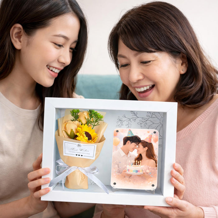 Mother's Day Flower Gift Box for Memories with Flower Bouquet and Fridge Magnet, Beautiful Moments in a Shadow Box, for rakshabandhan, Anniversary Gifting, Elegant Home Decor Display (Size: 18x23 cm)