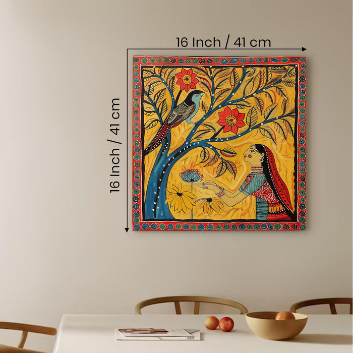 Madhubani Birds and Women Painting for Wall Decoration | Flower Canvas Wall Painting for Living Room, Bedroom, Home and Office Wall Decor (41x41 Cm)
