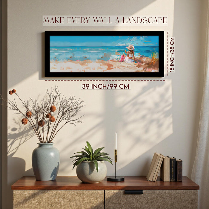 Girl Enjoying on Beach Summer Vacation Wall Art Framed Luxury Paintings for Home Decoration, Living room, Bedroom and Office Decoration (99x38 CM)
