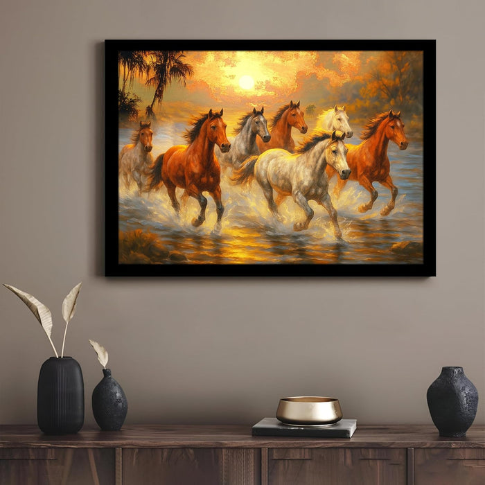 Seven Running Horses Wall Art Vastu Feng Shui Multicolor | Canvas Painting Stretched on Wood | Suits For Vastu-Friendly Place (16x22 Inch)