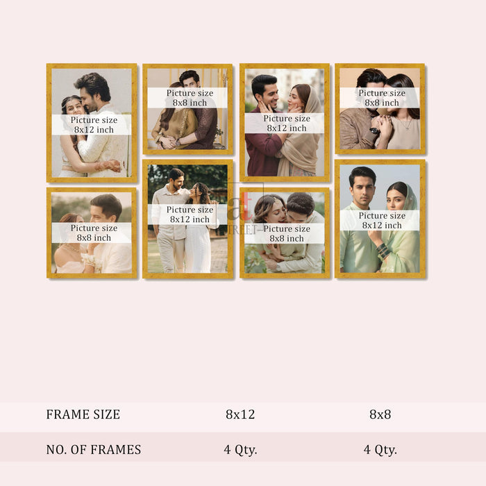 Art Street Photo Frame Set of 8 Gold Wall Decor Collage Display Hanging Family Picture Frames Gallery Collection Decor Items Wall Mount Frames Birthday Anniversary Gift, 8x8 and 8x12 In
