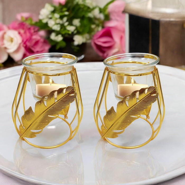 Metal Diwali Tealight Holder with Glass Leaf Decorative Crystal Puja Dia for Mandir (Pack of 2, Gold, 10x8x9 Cm)