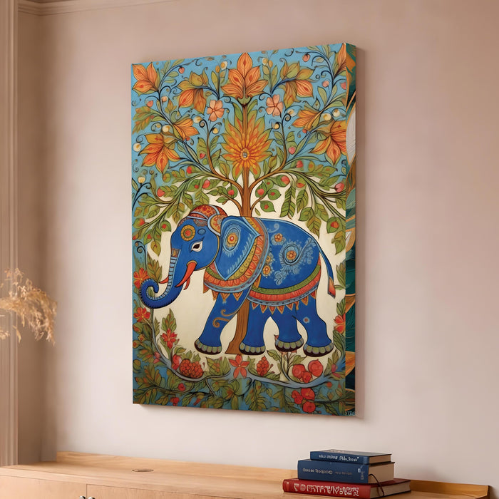 Madhubani Elephant Stretched Canvas Painting For Living Room | Indian Folk Animal Stretched Canvas Wall Art For Livingroom Home Decor, Bedroom, Hallway's, Office, Hotel - 56x86 cm