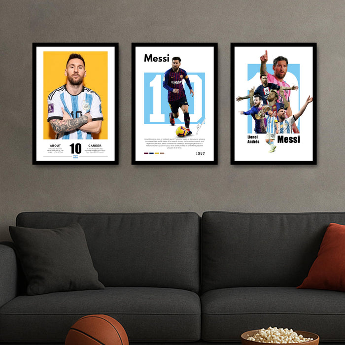 Lionel Messi Soccer Player Sports Painting With Frame for living room, Football Player Framed Wall Art Painting for Home Decor Set of 3, Size 13.6 by 17.9 Inch
