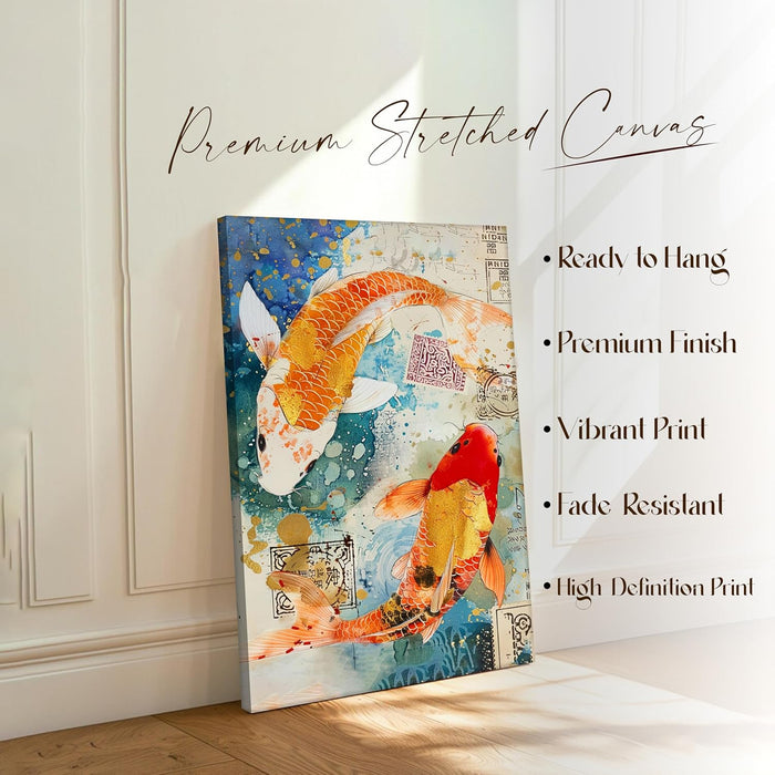 Abstract Traditional Koi Fish Multicolor Painting on Stretched Canvas – Frameless Unframed Gallery Wrap Canvas Wall Art 22x34 Inch