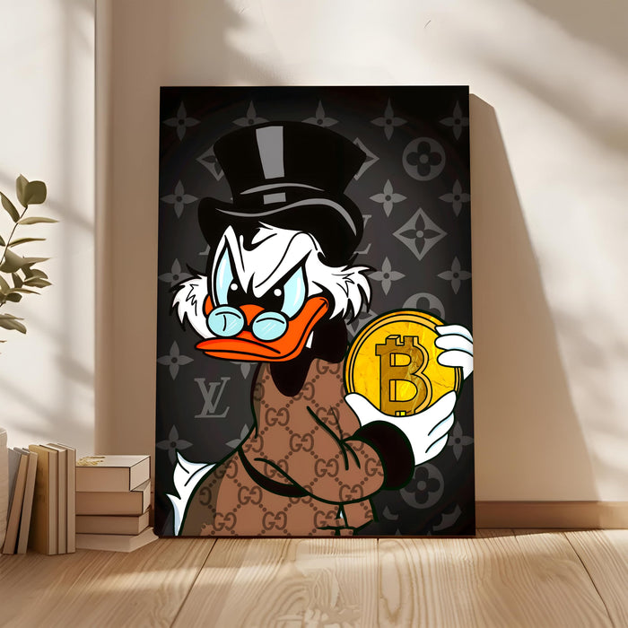 Luxury Money Duck Pop Art Stretched Canvas Painting Print| Cartoon Style Crypto Wealth Wall Art | Modern Graffiti Artwork for Home & Office Décor, 56x86 cm