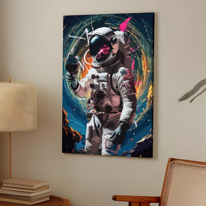 Art Street Stretched Canvas Painting Space Astronaut Wine Glass Starry Night Graffiti WallArt for Home Decor, Living Room, Office.