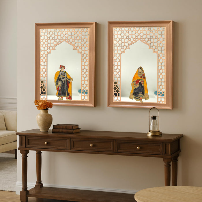 Art Street Pack of 2 Framed King and Queen Pichwai Art Jharokha Mirror Wall Decor Vastu Compliant Wall Hanging Mirror MDF Cutout Indian Traditional Ethnic for Living Room Bedroom 35x45 cm
