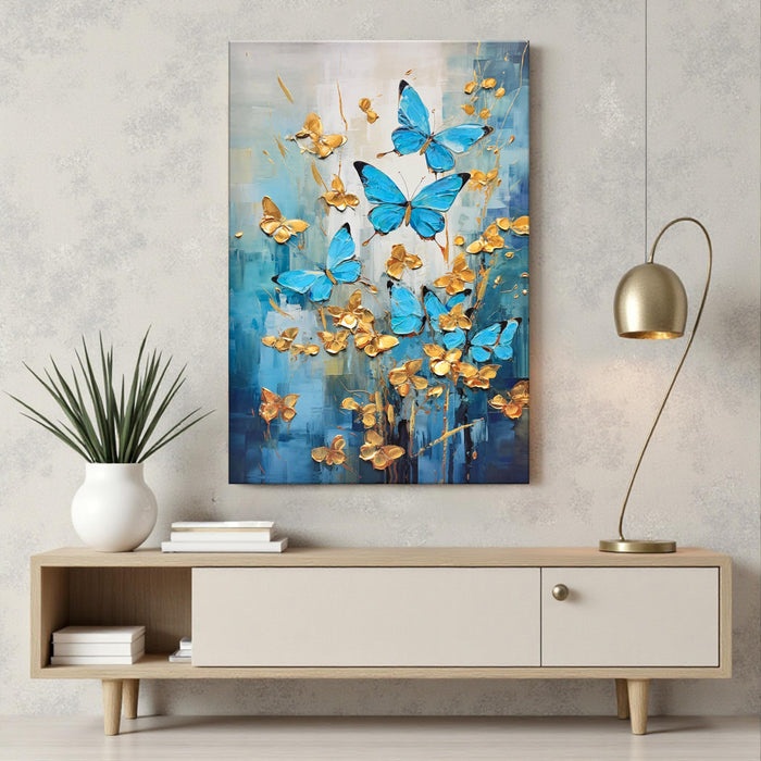 Stretched Canvas Blue and Golden Butterfly 3D Abstract Painting Abstract Vastu Hand Painted Canvas Painting Paintings for Art 3D Textured Butterfly Modern 61x91 cm