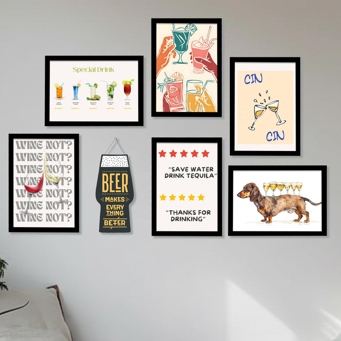 Bar Retro Theme Kitchen & Restaurant Framed Wall Art Painting Modern Bar Painting with Frame Wall Decor for Kitchen, Restaurant, Bar, Home, Set of 7 (1 MDF wall Hanging), 9x13 Inch