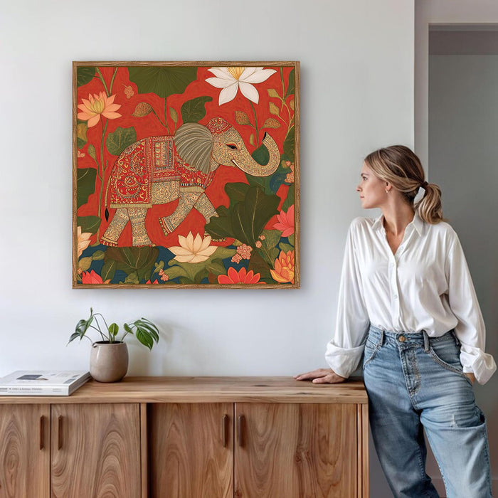 Pichwai Elephant Lotus Framed Painting For Living Room | Traditional Vastu Large Canvas Painting With Frame Wall Art For Bedroom, Hallway's, Office, Hotel, Size 58x58 cm
