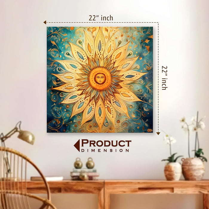 Multicolor Abstract Canvas Framed Painting Wall Art - Mustard Teal Beige Folk Art Sun Abstract Canvas Wall Décor Painting (58x58 cm)