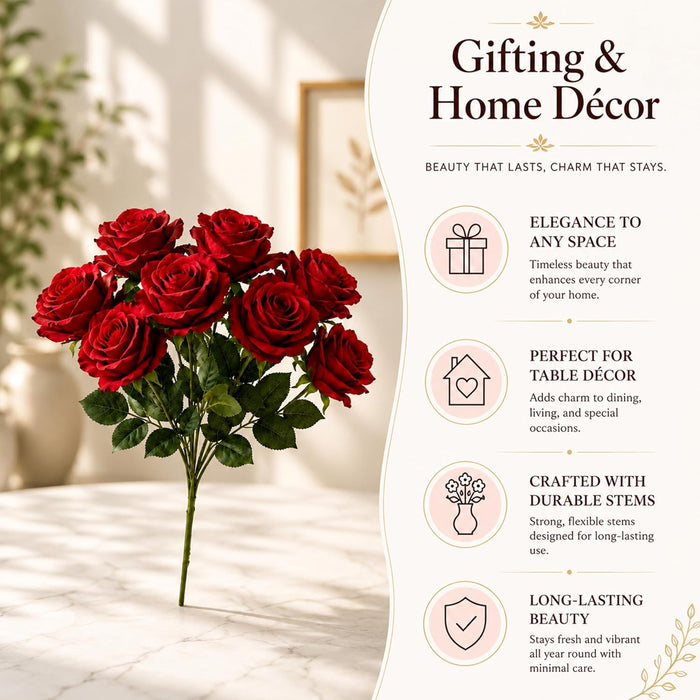 Artificial Red Rose Flower Bunch for Home Decoration | Realistic Silk Rose Bouquet with Green Leaves |