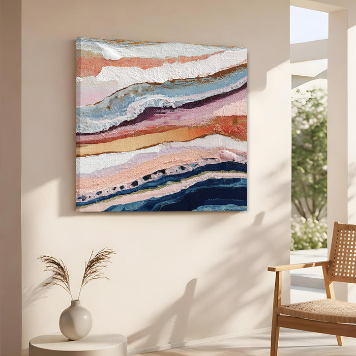 Abstract Stretched Canvas Wall Art Painting For Living Room, Modern Abstract Layered Coastal Landscape, Blue, Pink & Coral Textured Painting for Living Room, Office & Home Decor (56xx56 cm)
